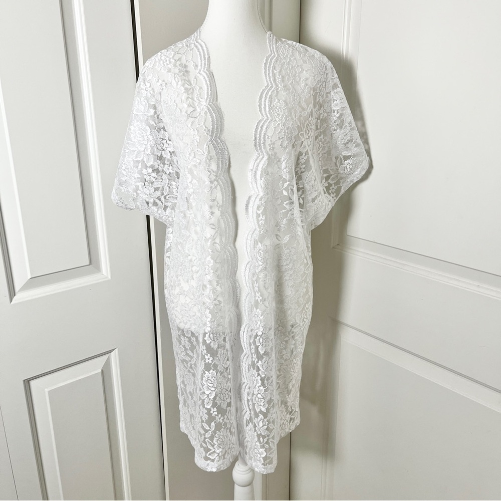 Handmade White Lace Kimono Coverup Cardigan – Bridal & Beach Elegance, One Size